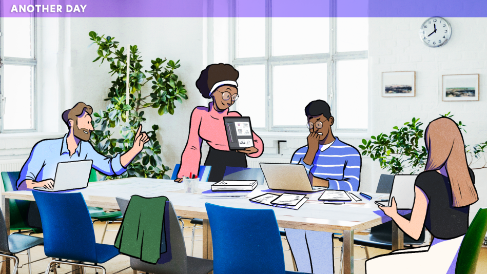 Group of four coworkers in conference room juggling documents between multiple devices.