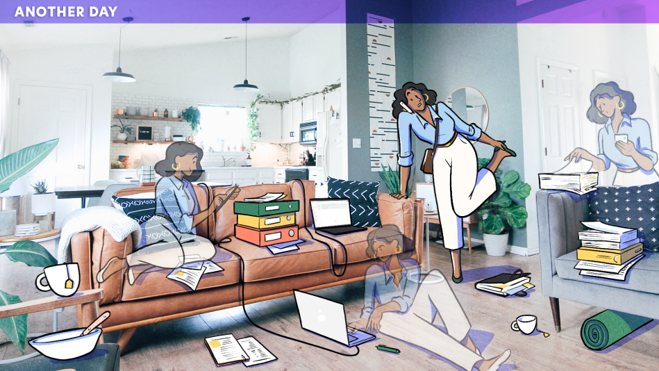 Woman working from home, overwhelmed by different computer devices strewn across living room.