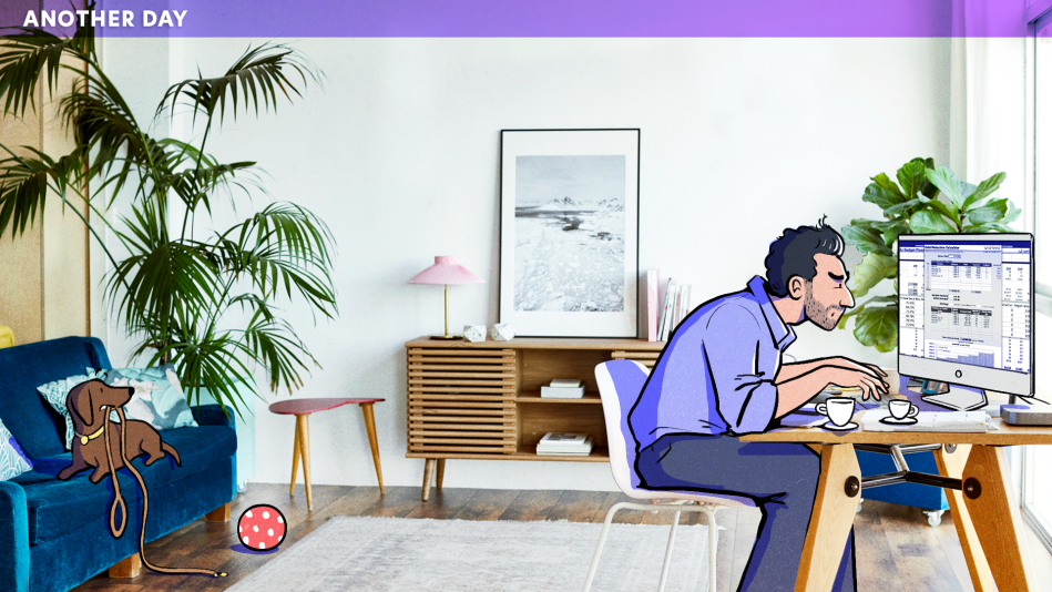 Disgruntled man working from home, struggling to decipher different spreadsheets. Dog sitting on couch, patiently waiting for owner to take them on a walk.