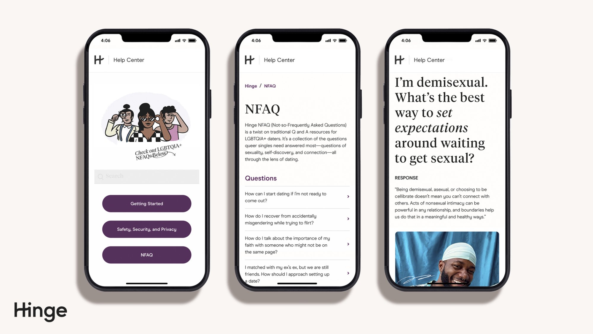 Hinge's new in-app educational guide for LGBTQ users is shown on three smartphones.