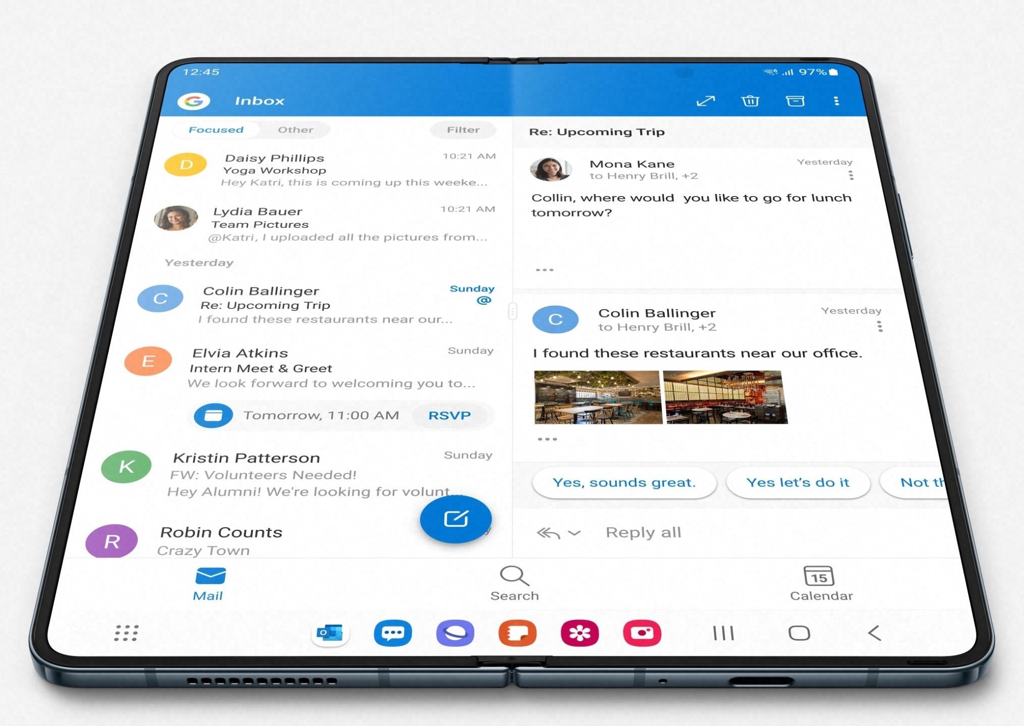 The Galaxy Z Fold 4 unfolded with taskbar and multitasking on display