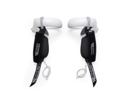 The Meta Quest 2 Controllers in the VR Cover grips which are black and wrap around the controller base.