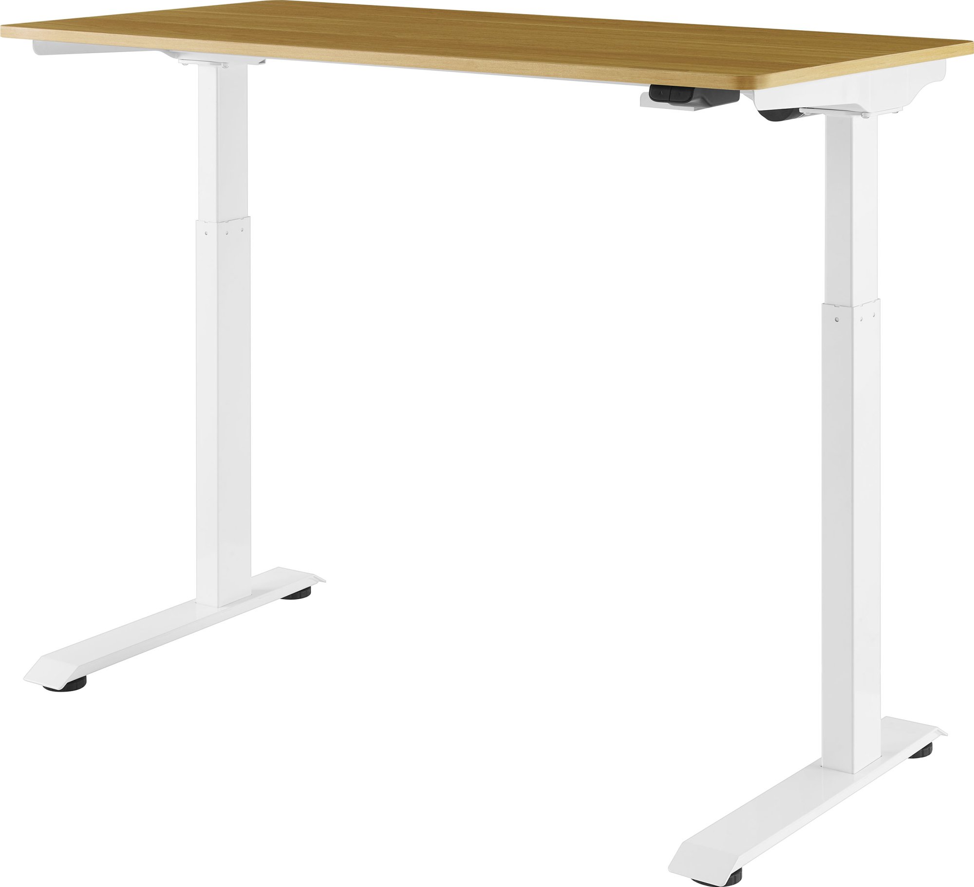 adjustable desk with wood workspace and white legs