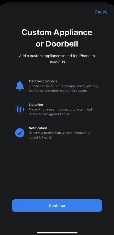 A screenshot of the sound recognition screen after selecting "custom appliance or doorbell".