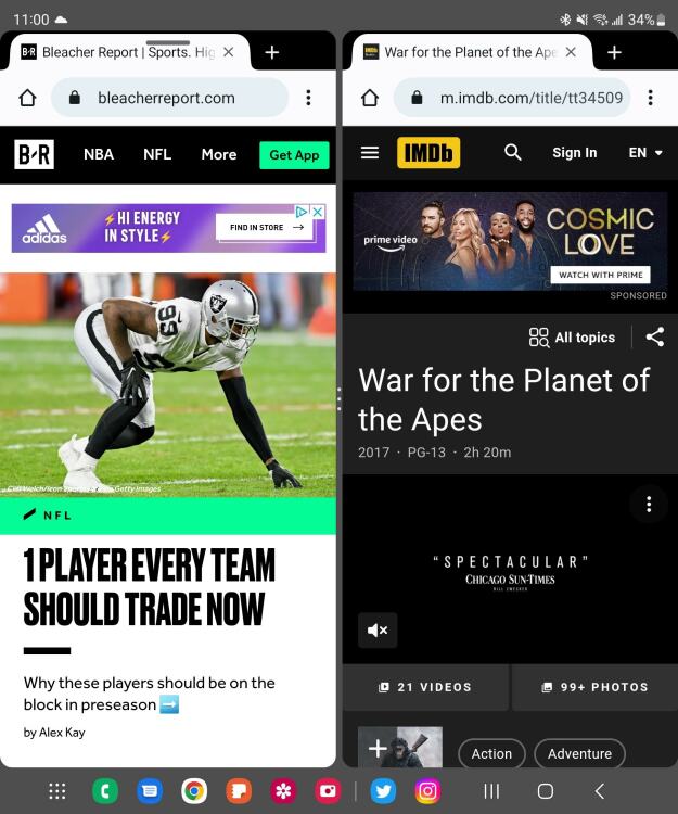 Samsung Galaxy Z Fold 4 multitasking in action with two browser tabs open side-by-side.