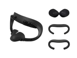 The four components of the replacement kit, all black: a plastic facial interface, two adjustable foam add-ons, and a cover for the lenses while they are stored.