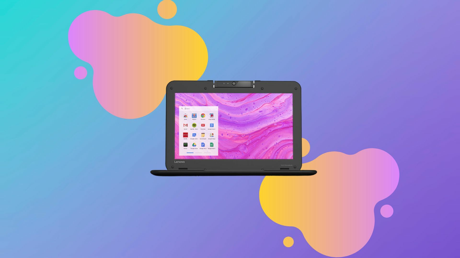 Refurbished Lenovo Chromebook N22-20 on a colorful background.