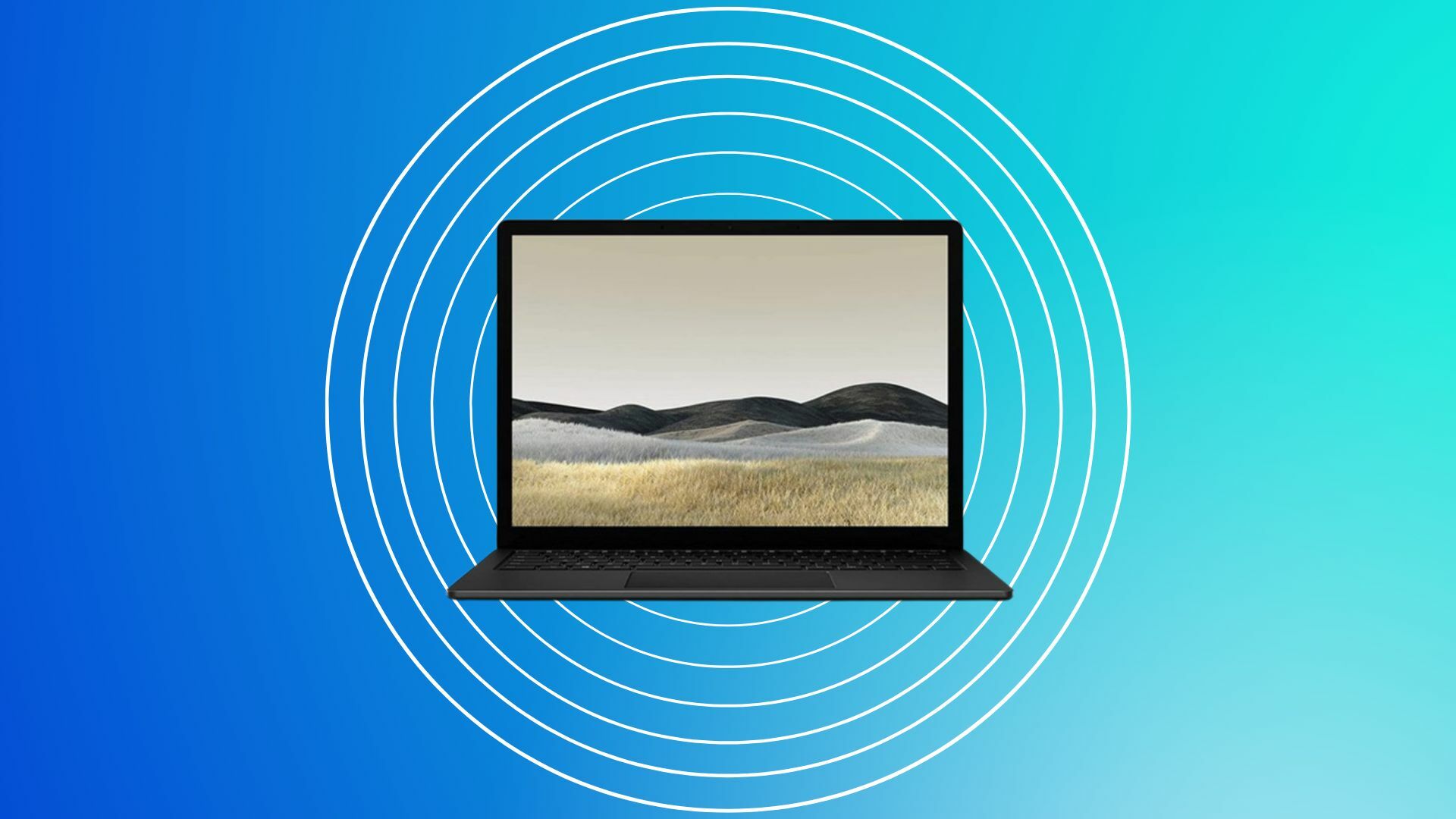 Microsoft Surface Laptop 3 - Matte Black (Refurbished) on a colorful background.