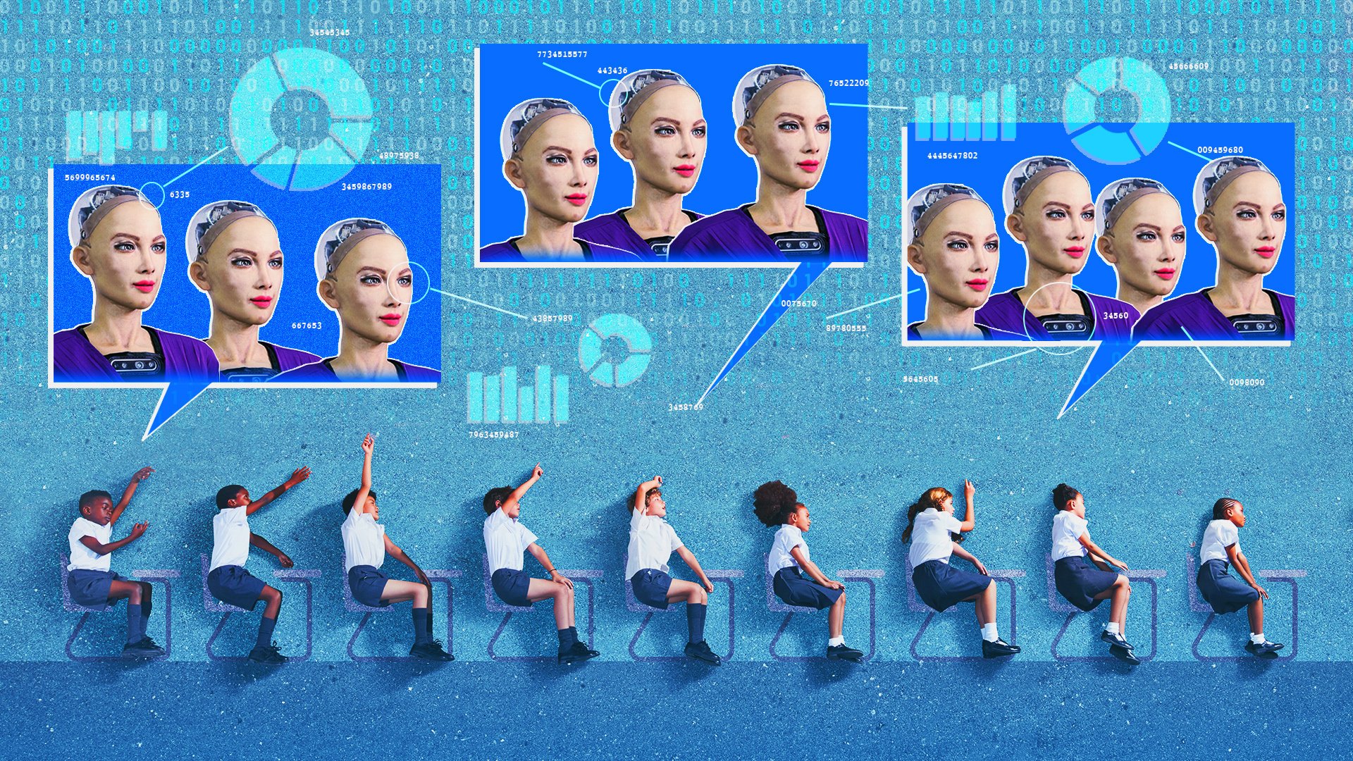 Illustration of Sophia the robot above students raising their hand in a class