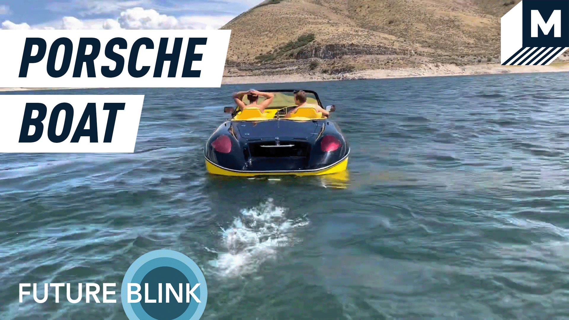 The Porsche-inspired speedboat sitting on the water with two men sitting in the front.