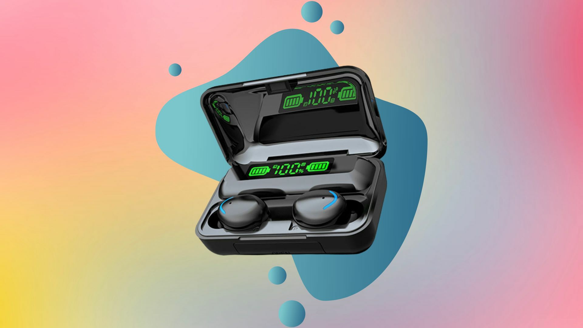 Flux Earbuds with the Wireless Charging Case on a colorful background.
