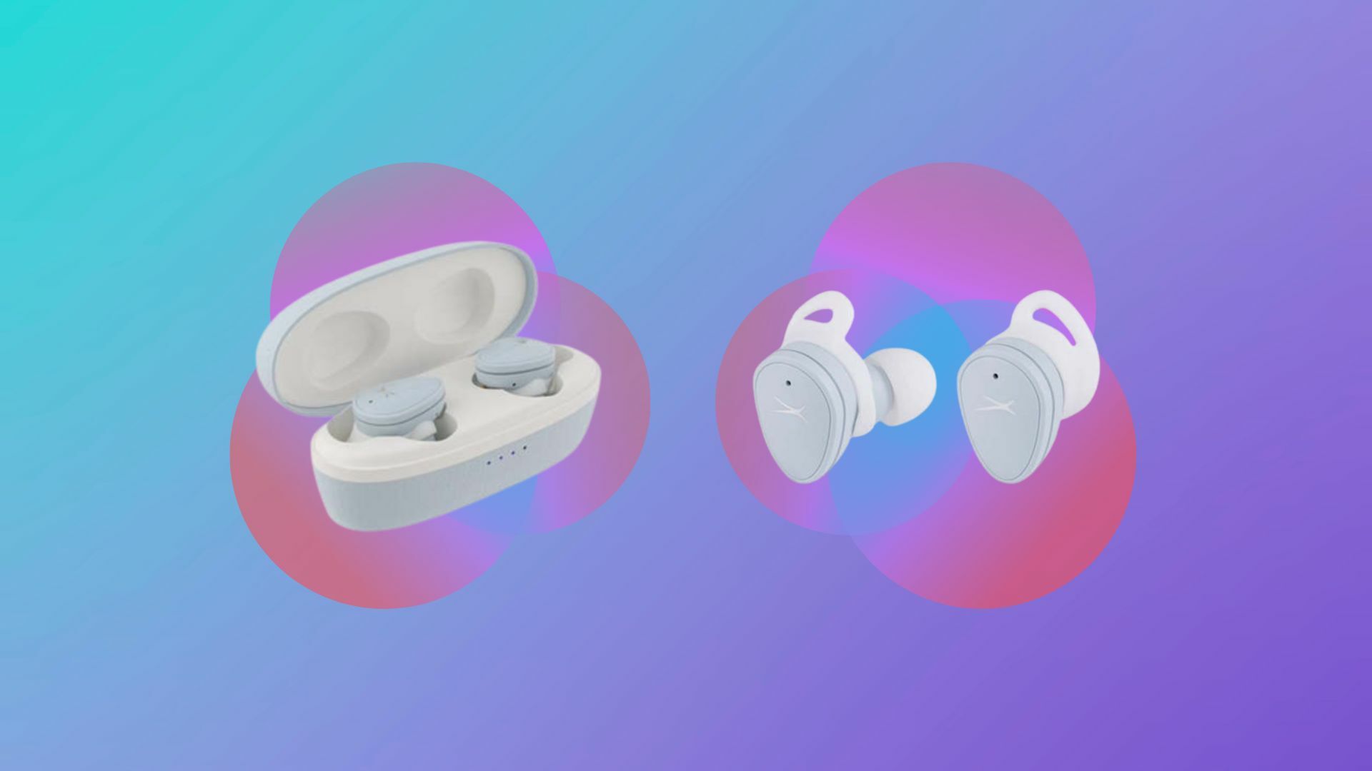 A pair of Refurbished Altec Lansing Nanobuds Sport Nanopods on a colorful background.