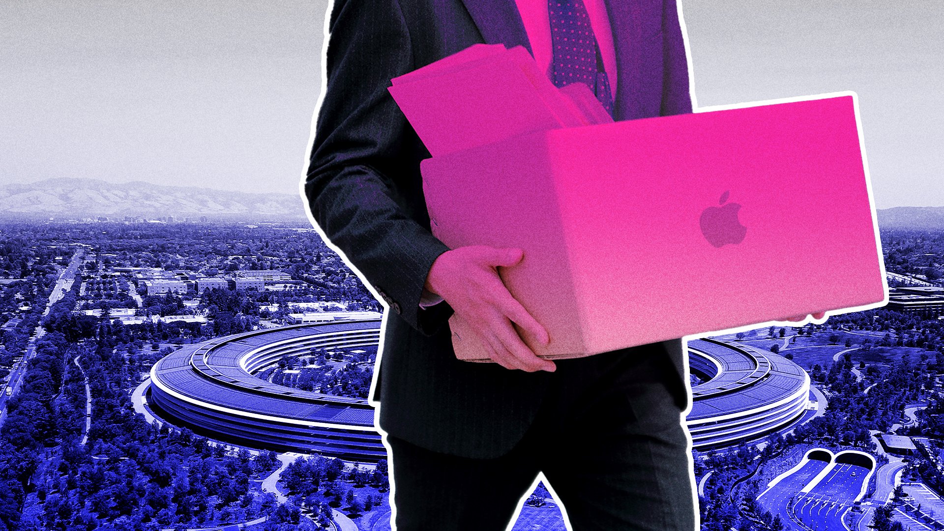 Man in suit holding cardboard box superimposed against image of Apple Park