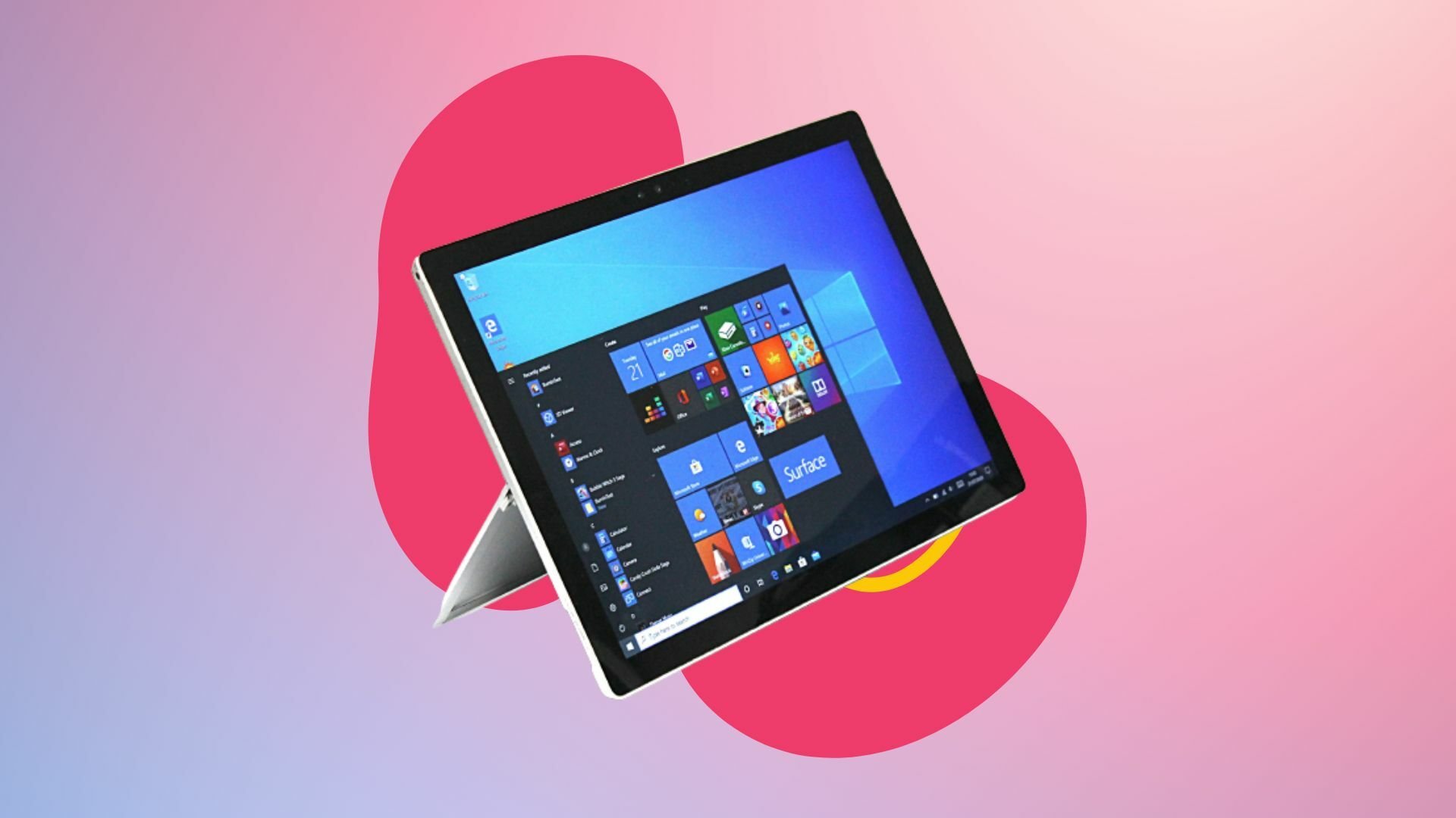 Refurbished Microsoft Surface Pro 4 on a colorful background.