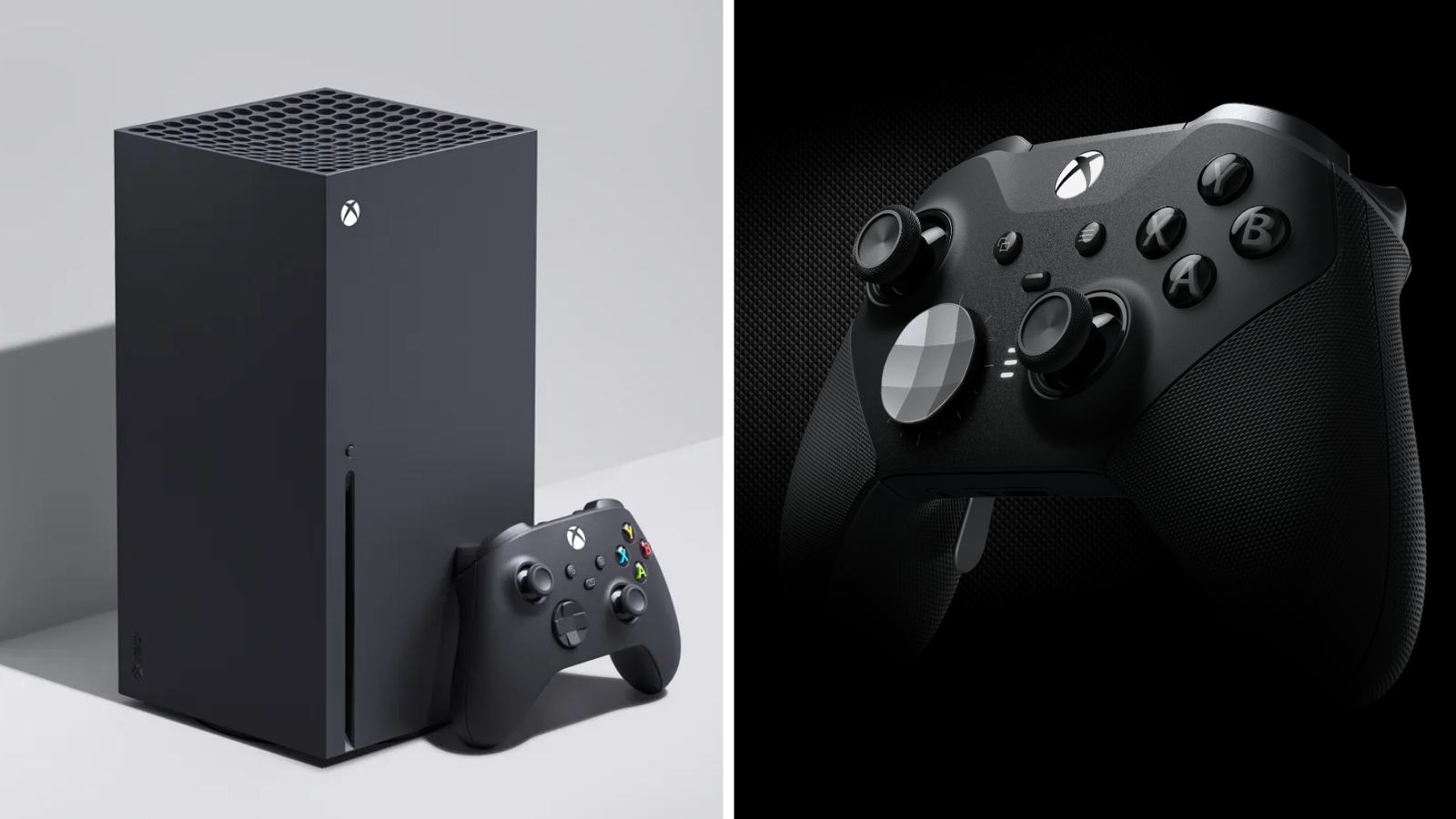 the xbox series x with its included wireless controller next to a close-up of the xbox elite series 2 wireless controller
