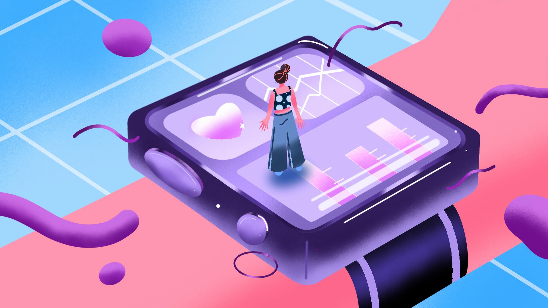 Illustration of woman standing on top of an Apple Watch filled with health features