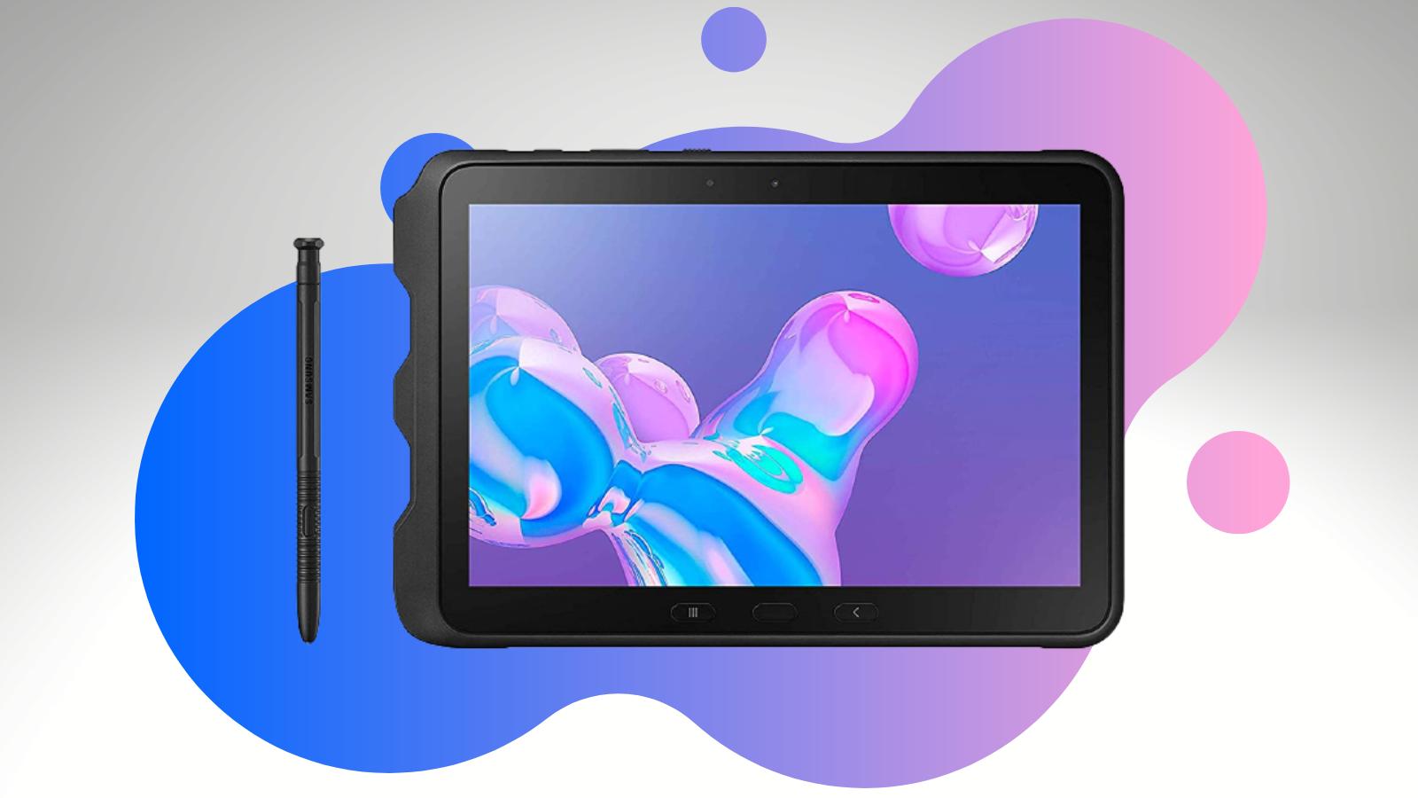 samsung galaxy tab active pro and s pen with purple and blue background