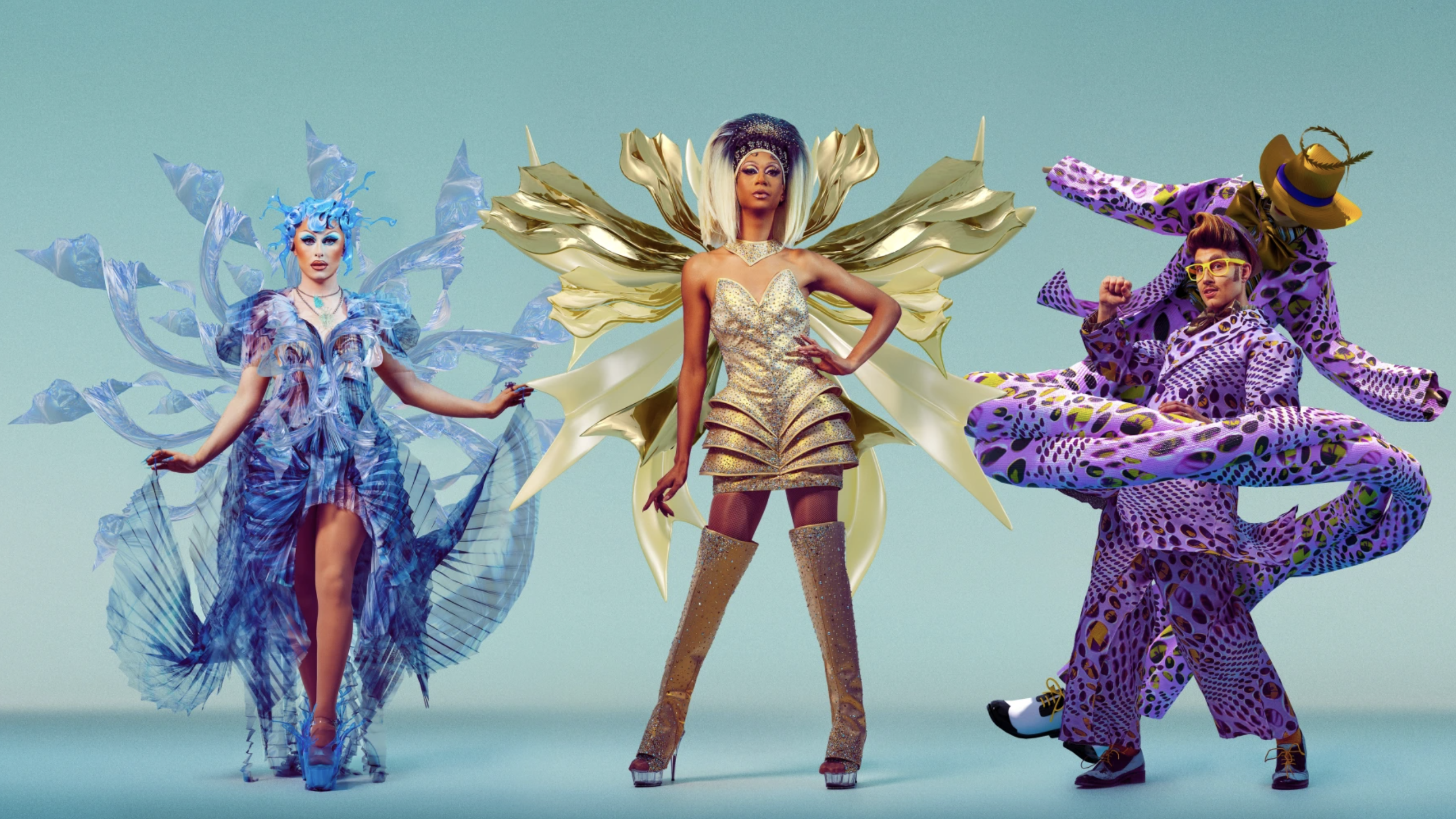 A collage featuring drag acts Blu Hydrangea, Tia Kofi and Adam All.