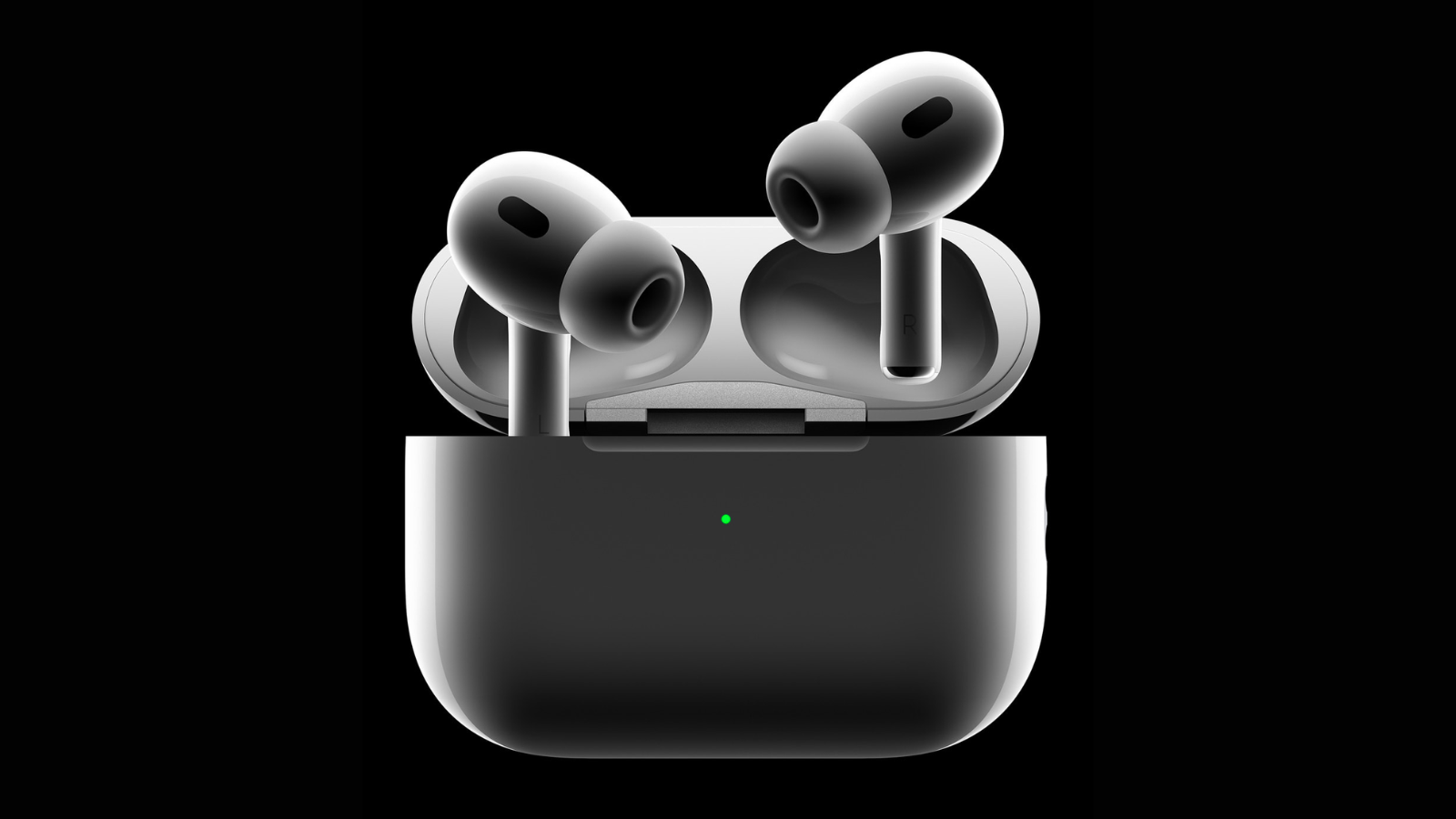 the airpods pro 2 in their charging case against a black background