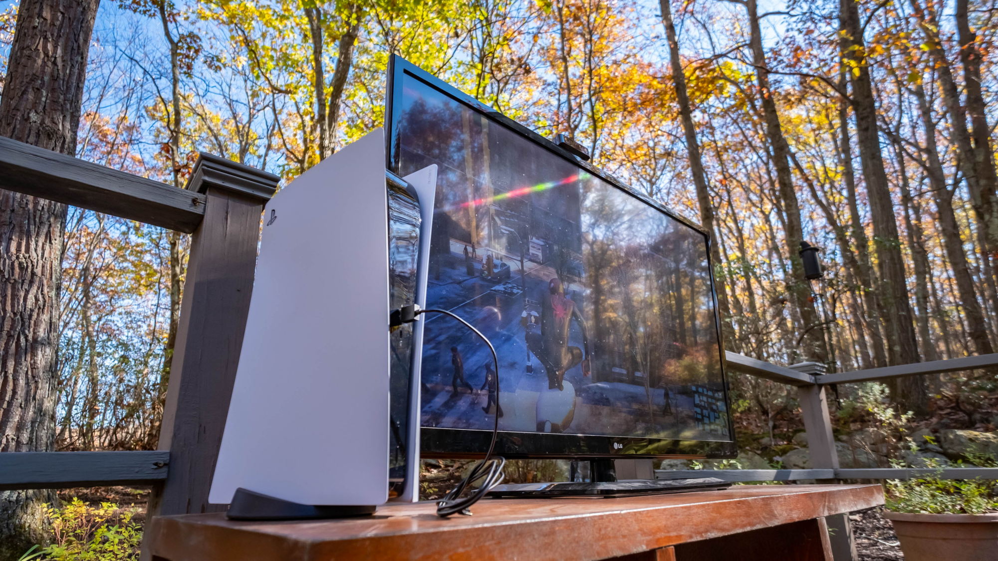 PS5 on entertainment center in outdoors