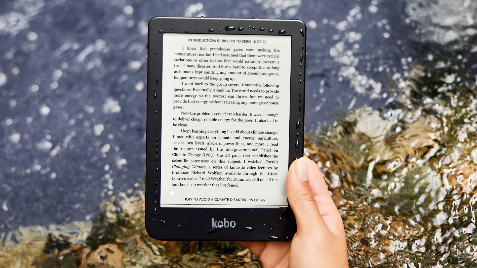 Kobo's new Clara 2E e-reader held over water.