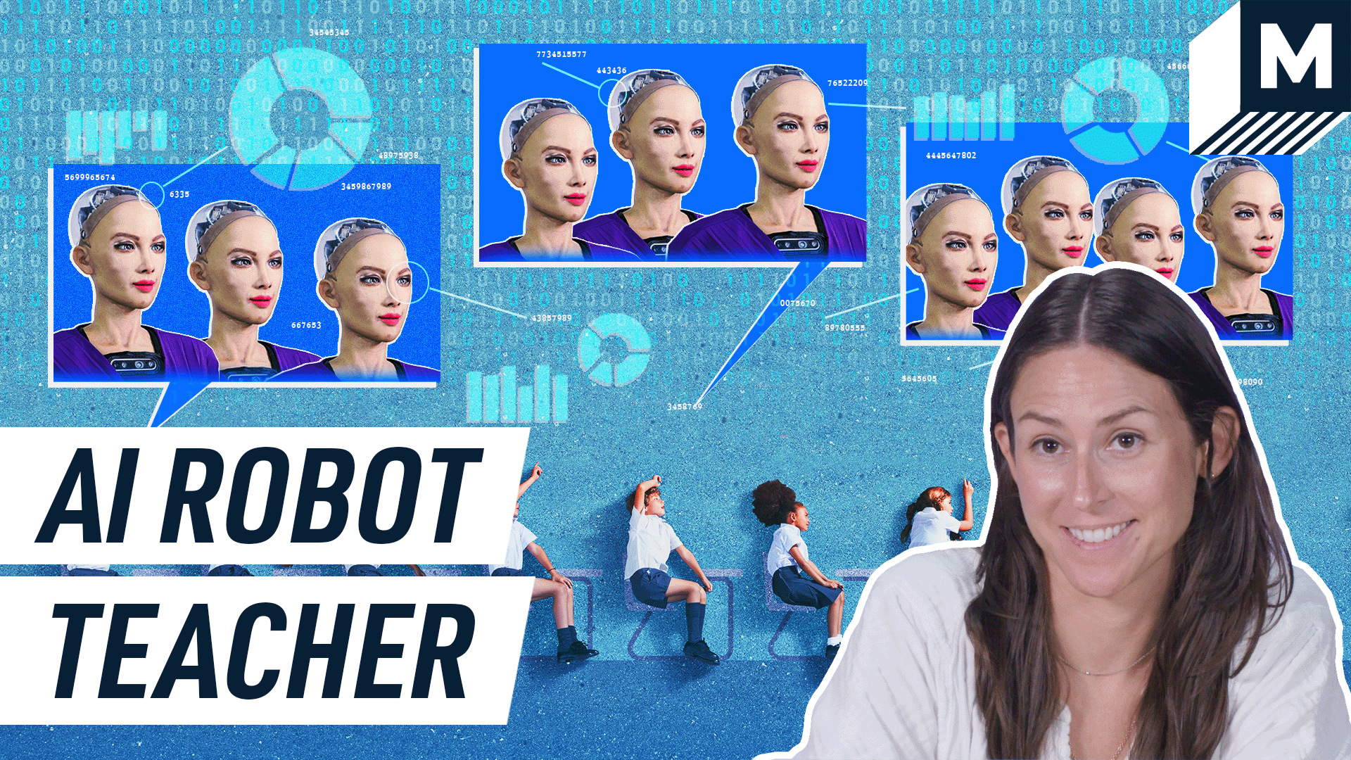 AI Robot Teacher text next to Cecily Mauran smiling in front of Sophia AI robot teaching students 