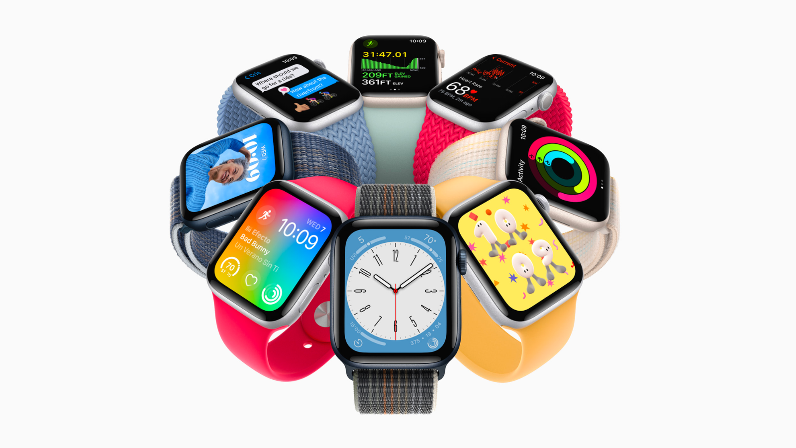 various configurations of the new apple watch se arranged in a circle