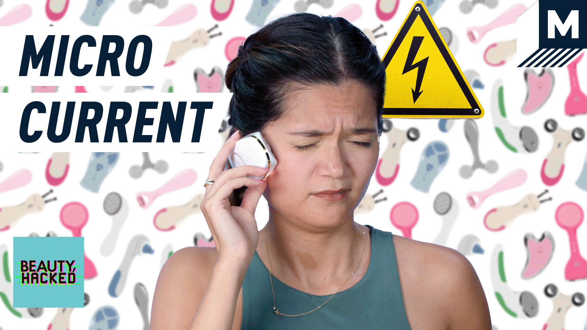 A woman using electric current to sculpt her face.