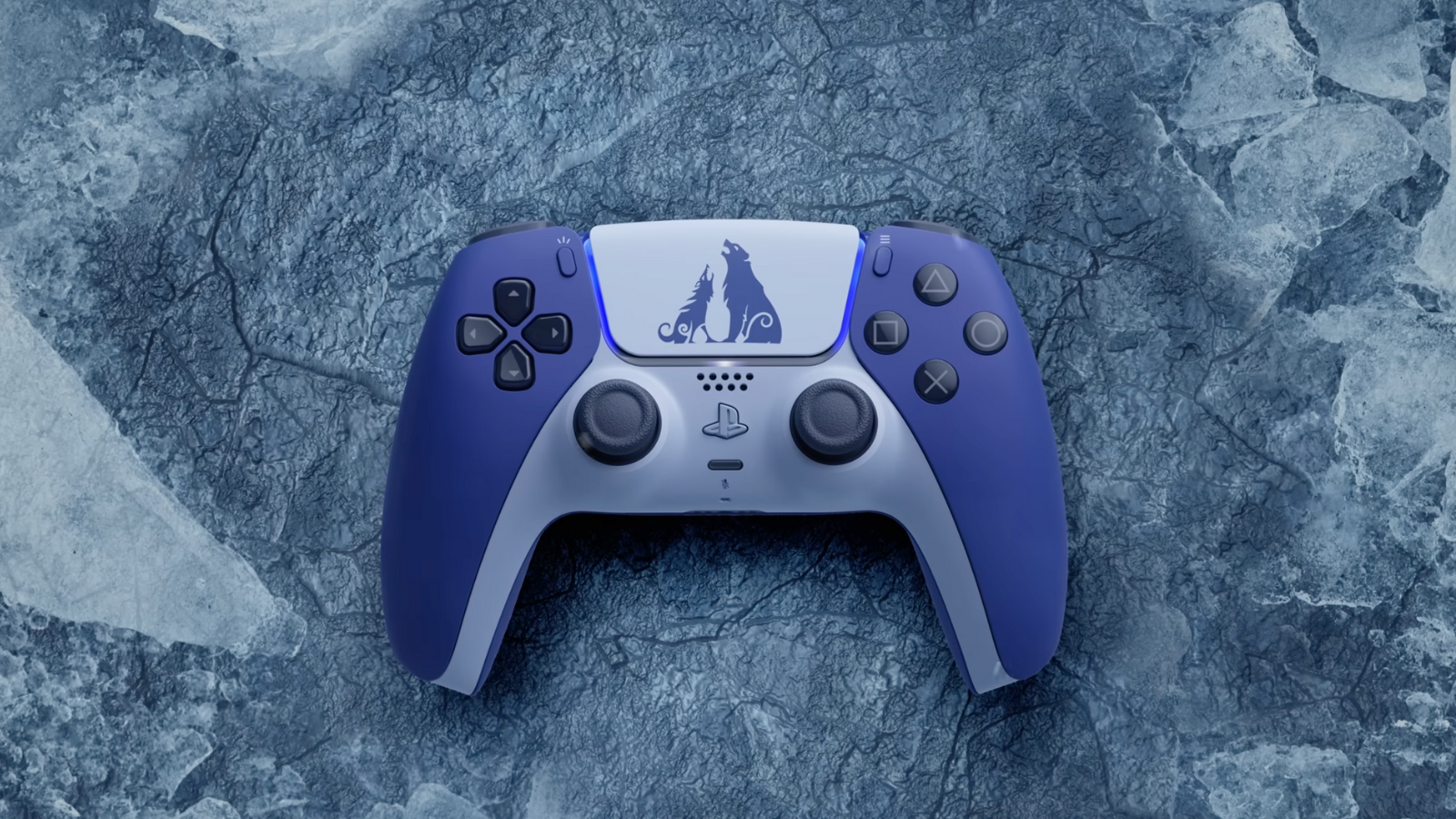 the 'God of War Ragnarök' DualSense controller against an icy gray backdrop