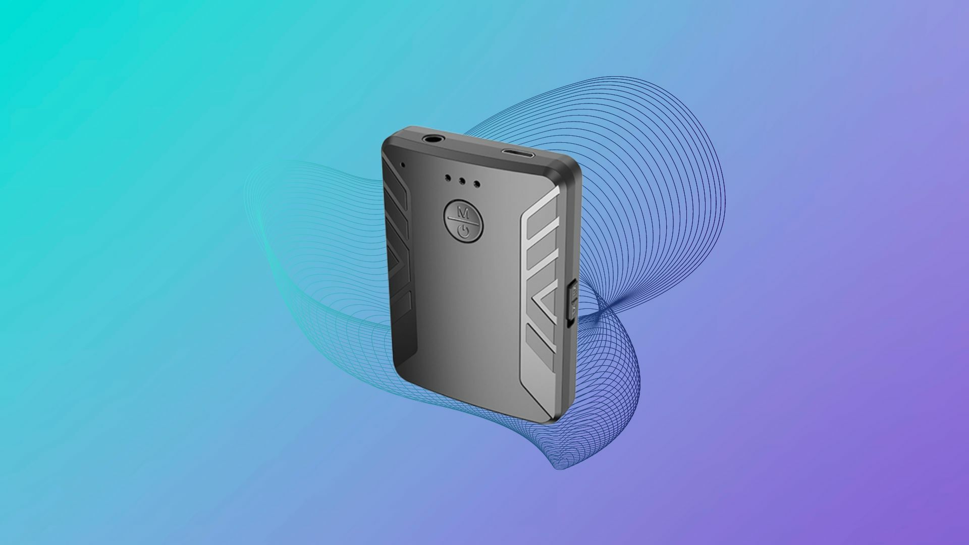 Two-in-One Bluetooth 5.0 Transmitter and Receiver on a colorful background.