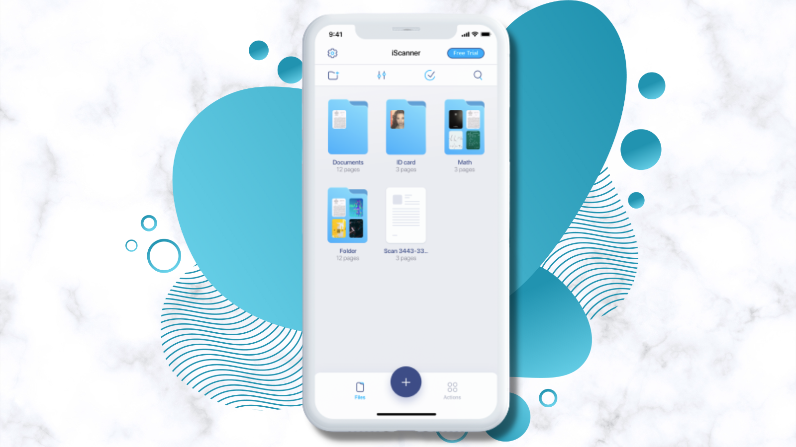 iphone with iscanner app against blue and white background
