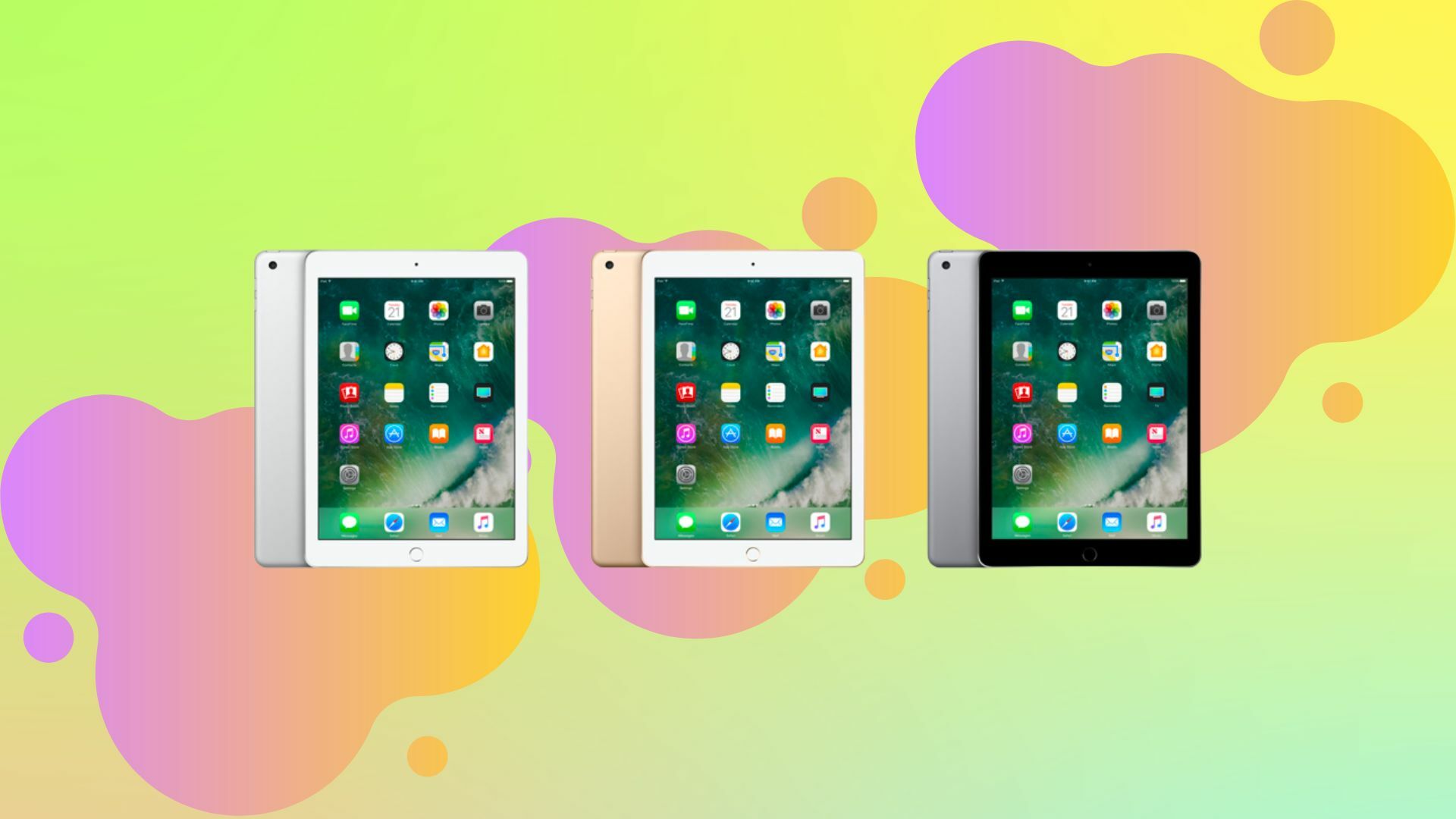 Refurbished Apple iPad 5th Generation on a colorful background.