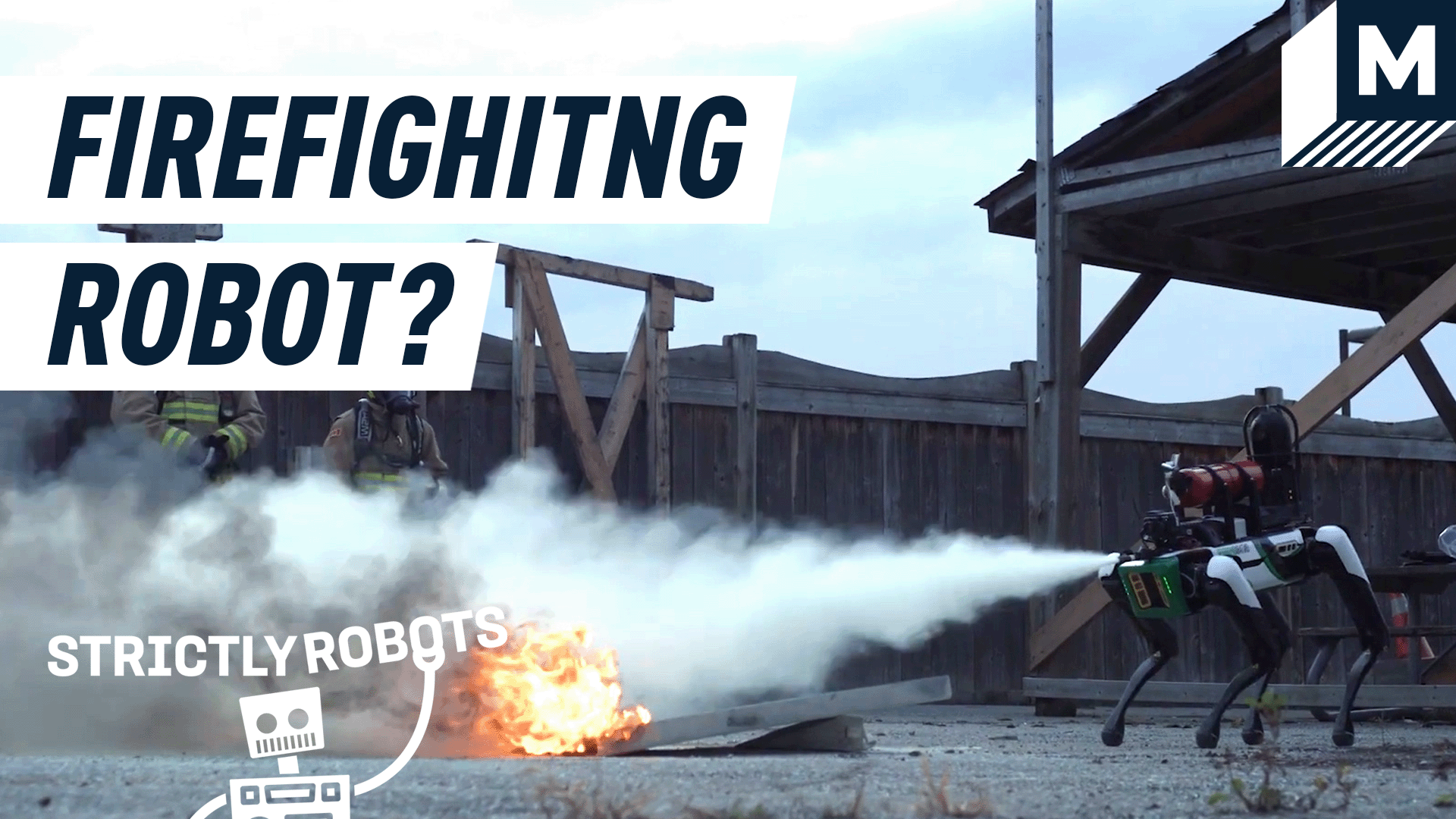 A Boston Dynamics Spot robot dog putting a fire out with a fire extinguisher.