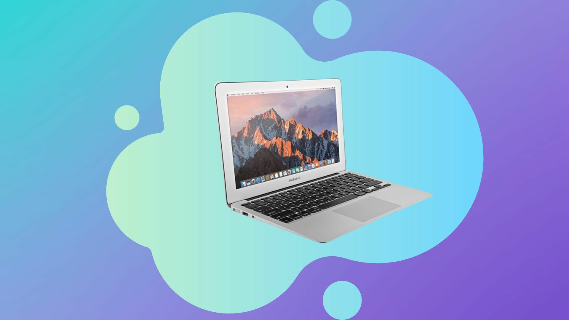 Refurbished Apple MacBook Air on a colorful background.