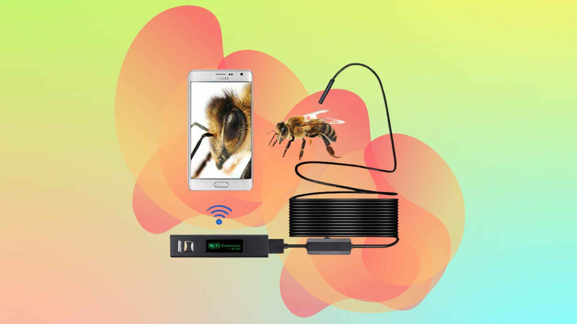 Wireless HD Endoscope Camera on a colorful background.