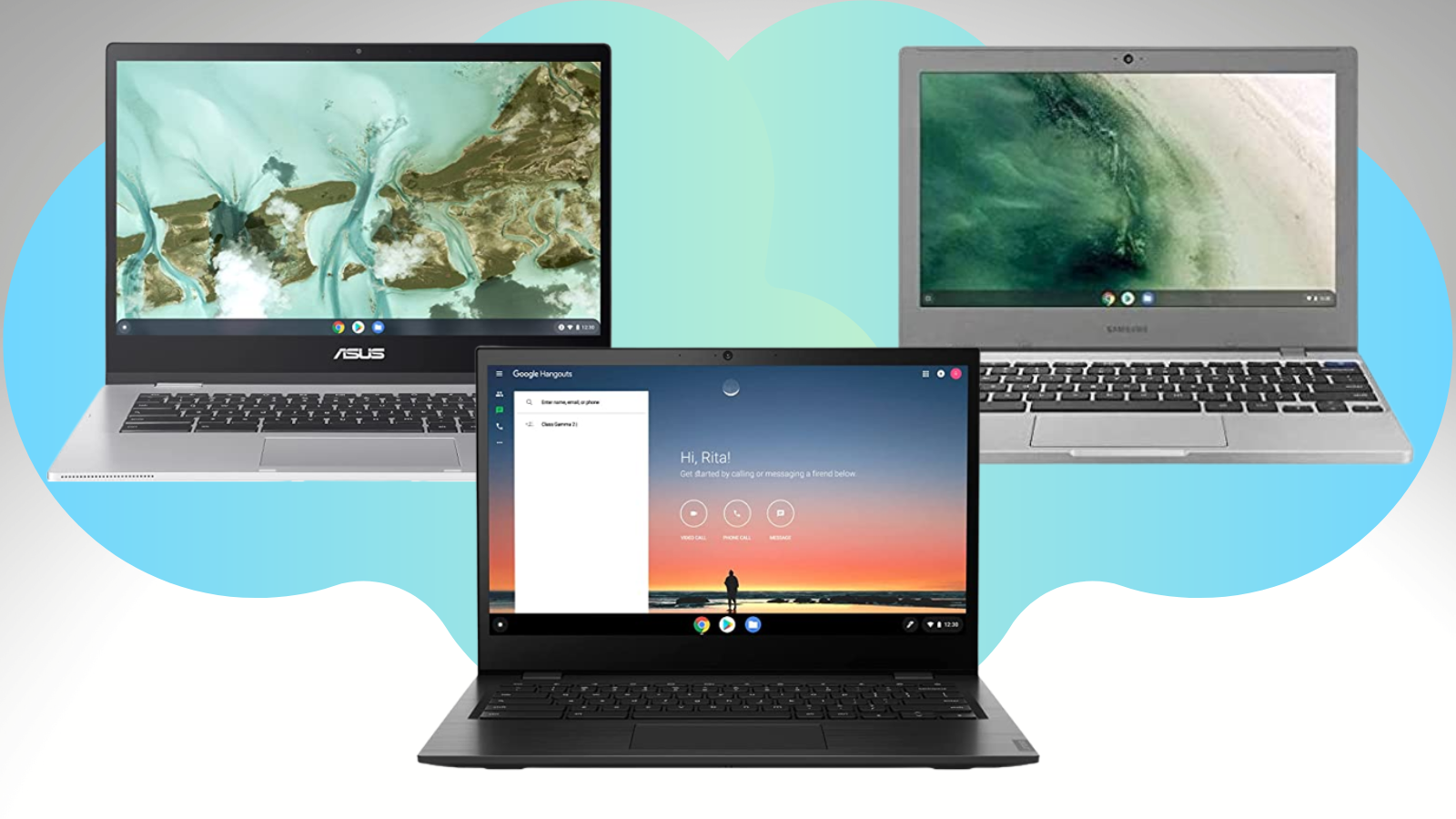 lenovo samsung and asus chromebooks with blue and gray background