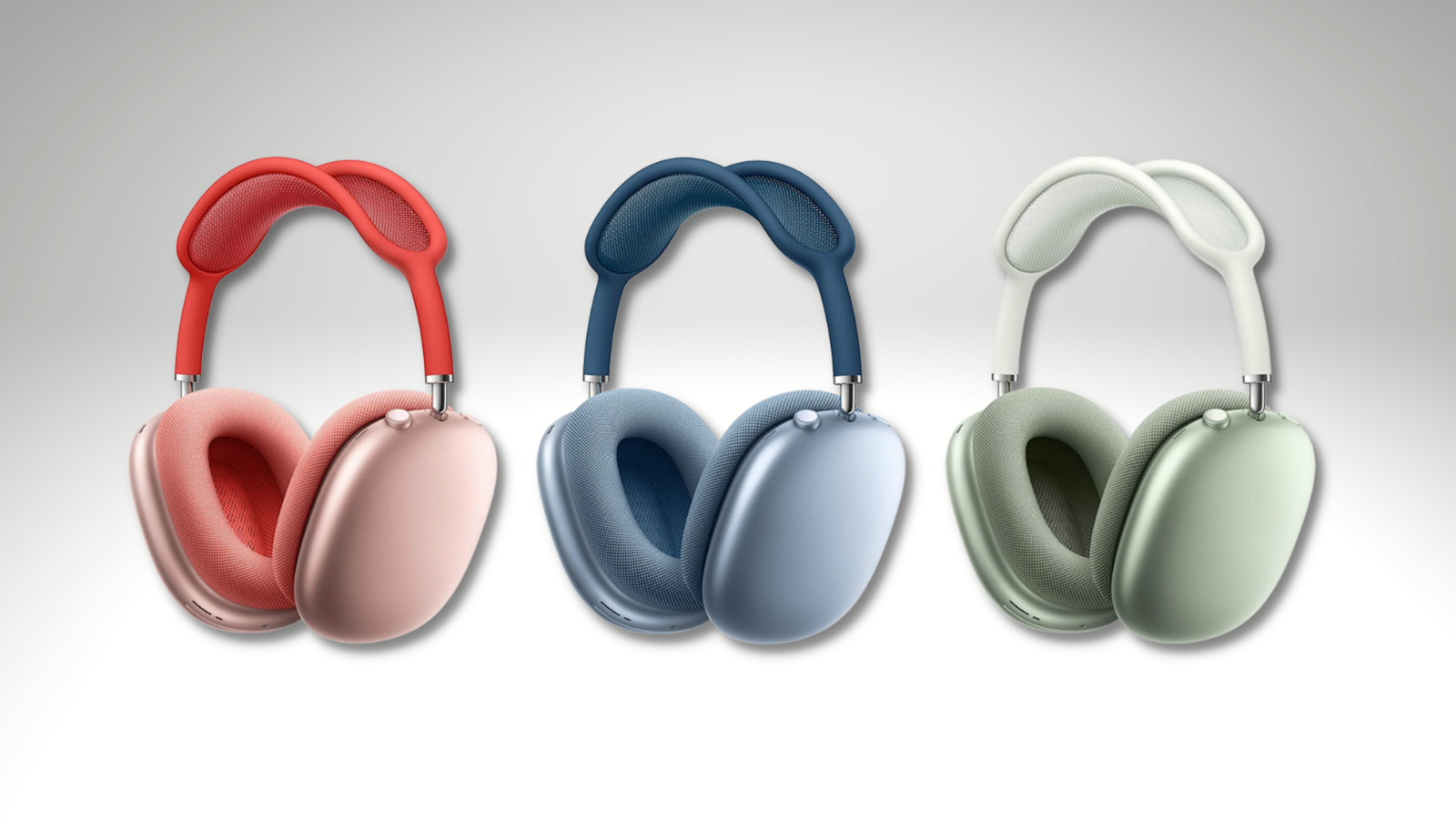 airpods max in pink, green, and sky blue on gray background