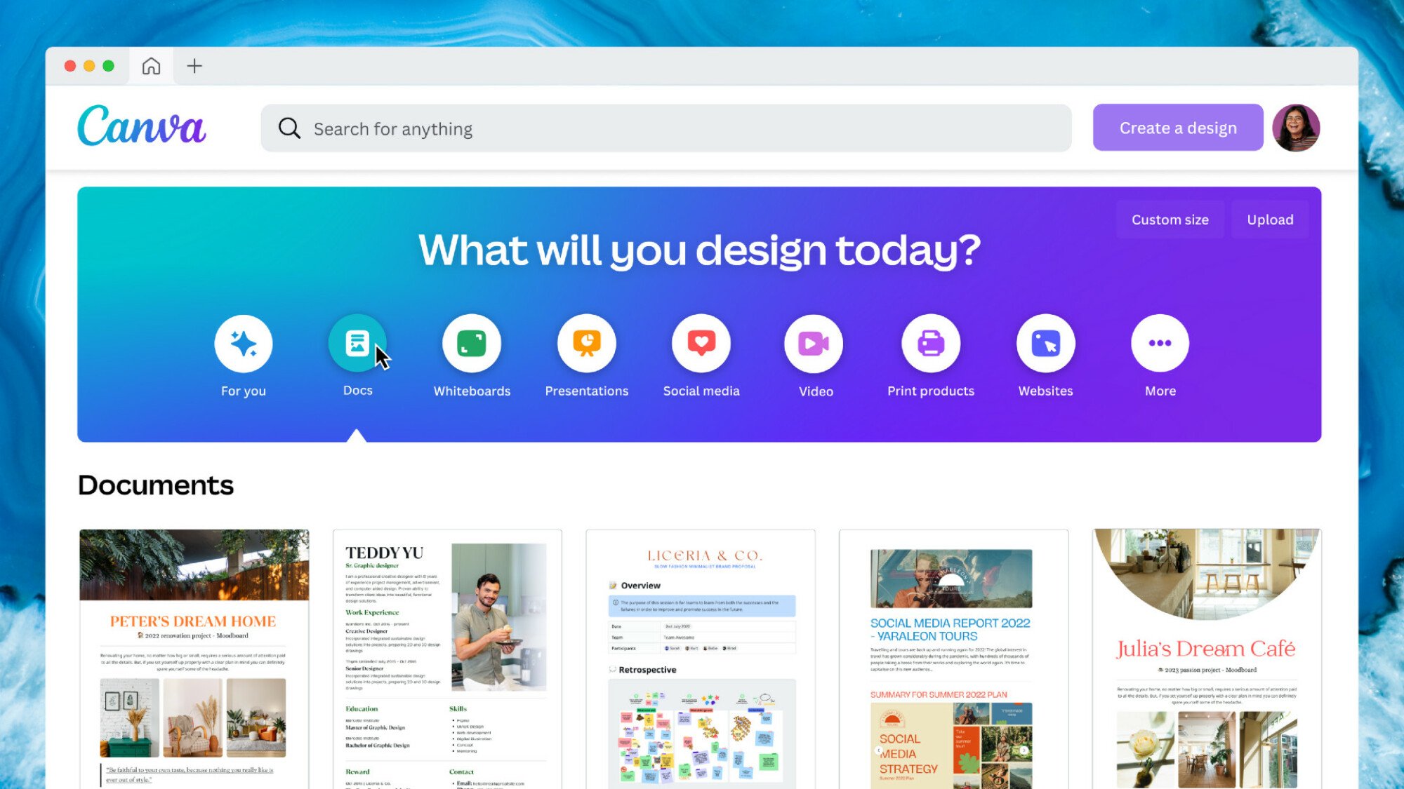 A screenshot of Canva's Docs platform.