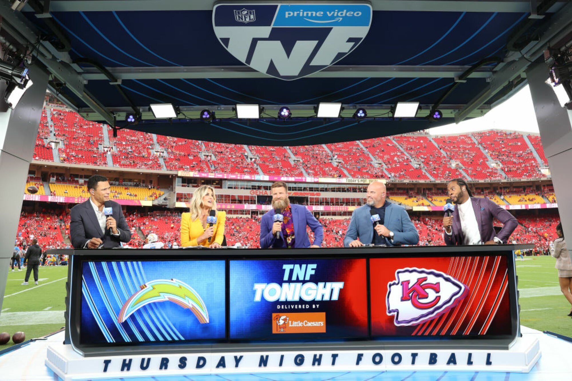 Tony Gonzales, Charissa Thompson, Ryan Fitzpatrick, Andrew Whitworth, and Richard Sherman on Amazon TNF pregame show