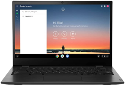 lenovo 14e chromebook in black with sunrise image on display