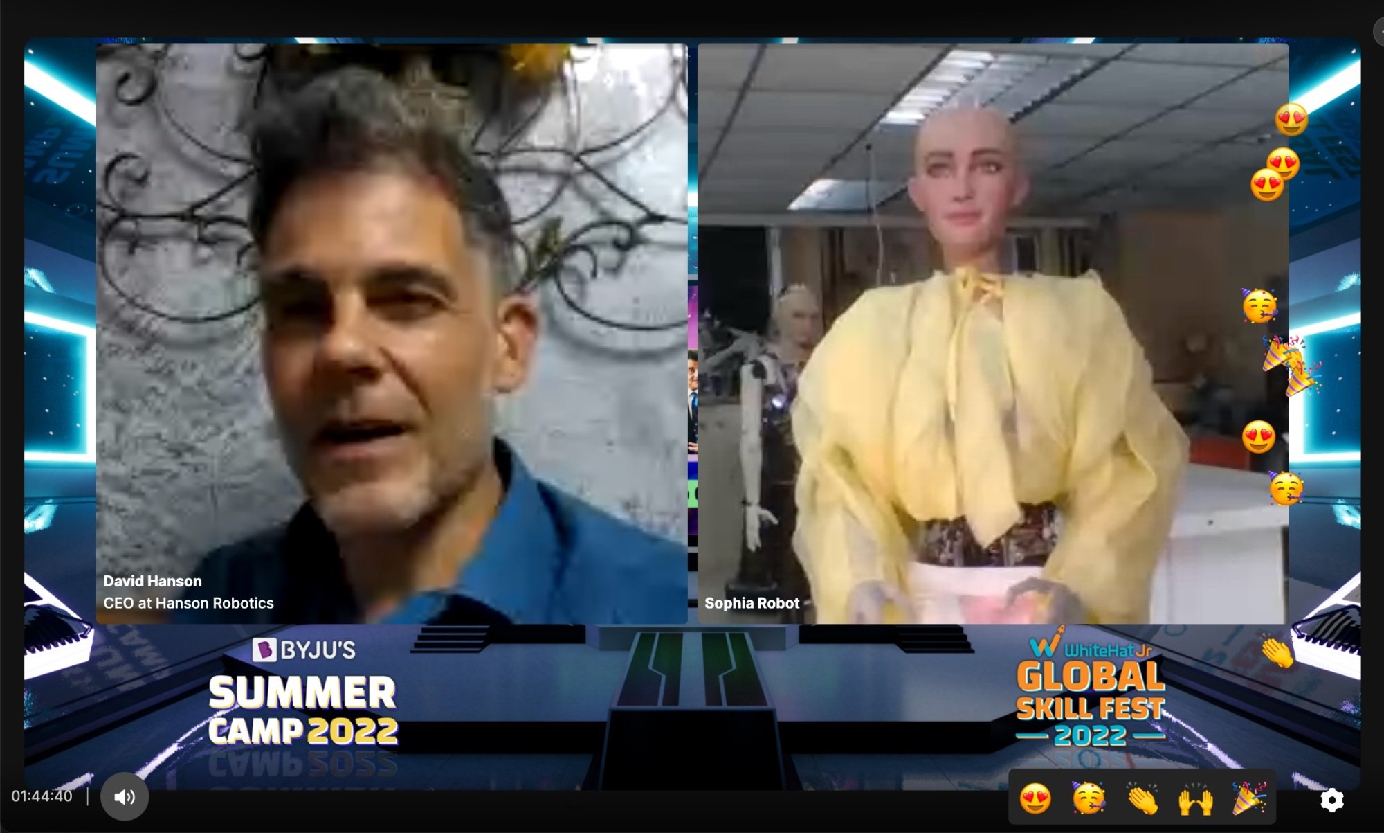David Hanson and humanoid AI robot Sophia presenting at the BYJU's virtual summer camp