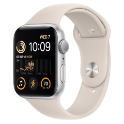 the new apple watch se in silver aluminum with a starlight sport band