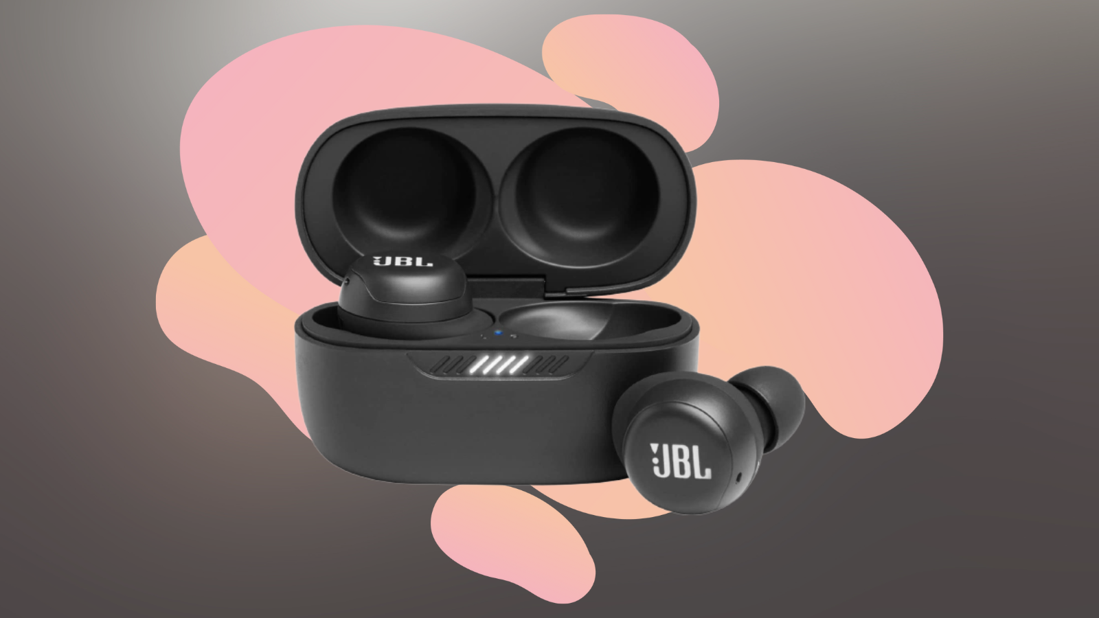 jbl live free wireless earbuds in case with pink and gray background
