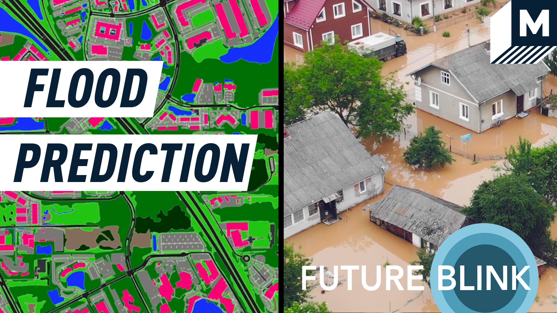 Split screen: an AI generated urban map on the left and a photograph of a flooded town on the right. Caption reads: