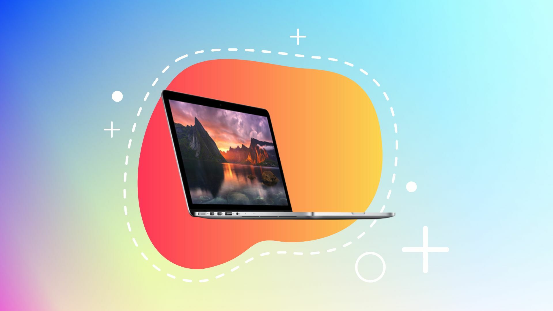 Refurbished MacBook Pro from the bundle on a colorful background.