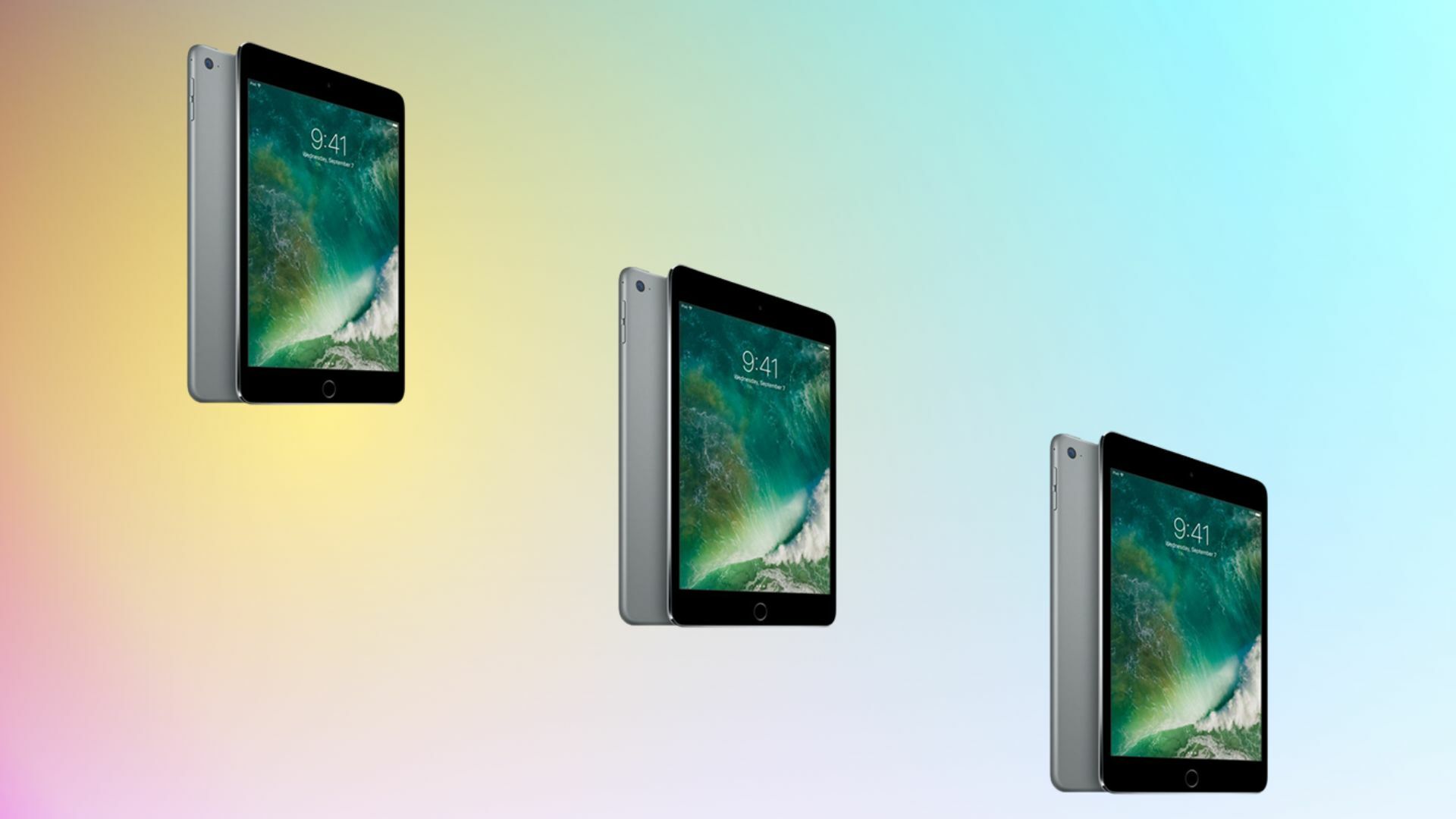 Refurbished iPad Mini 4 on a colorful background.