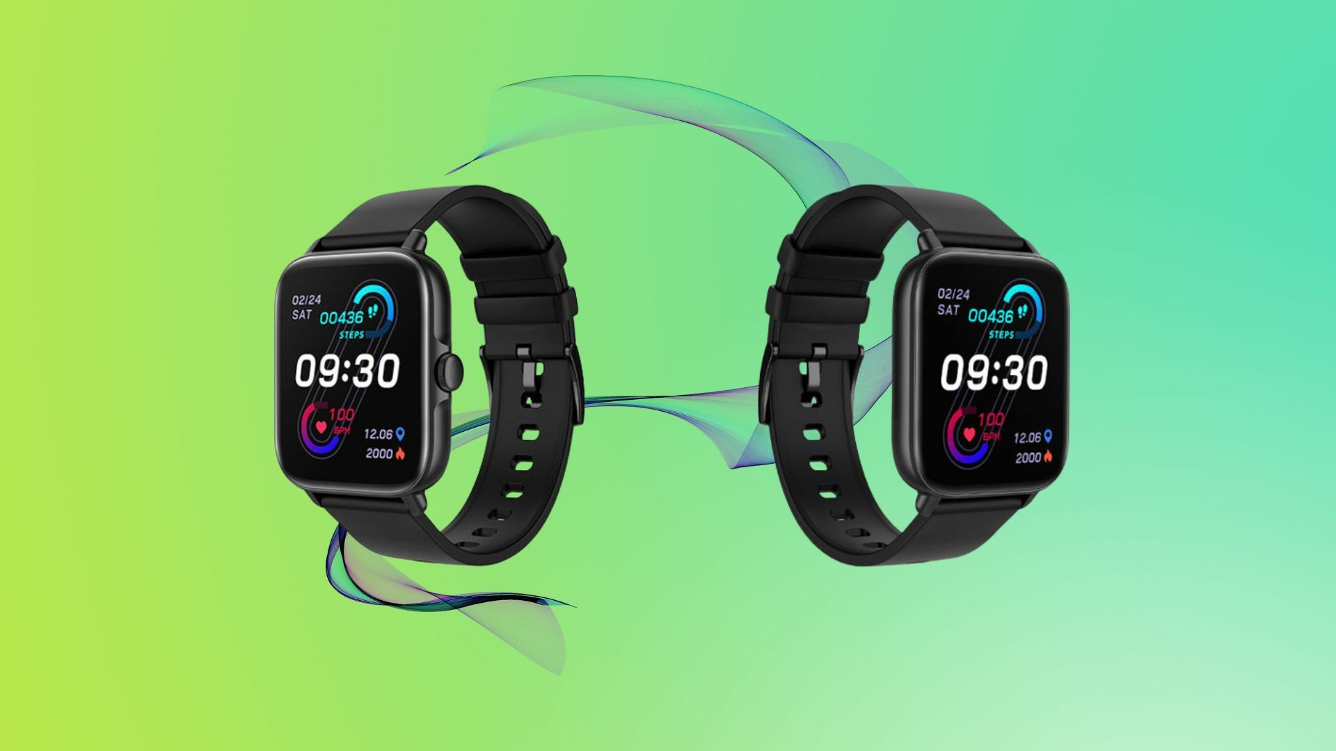 Two Chronowatch: C-Max Call Time Smartwatches on a green background.