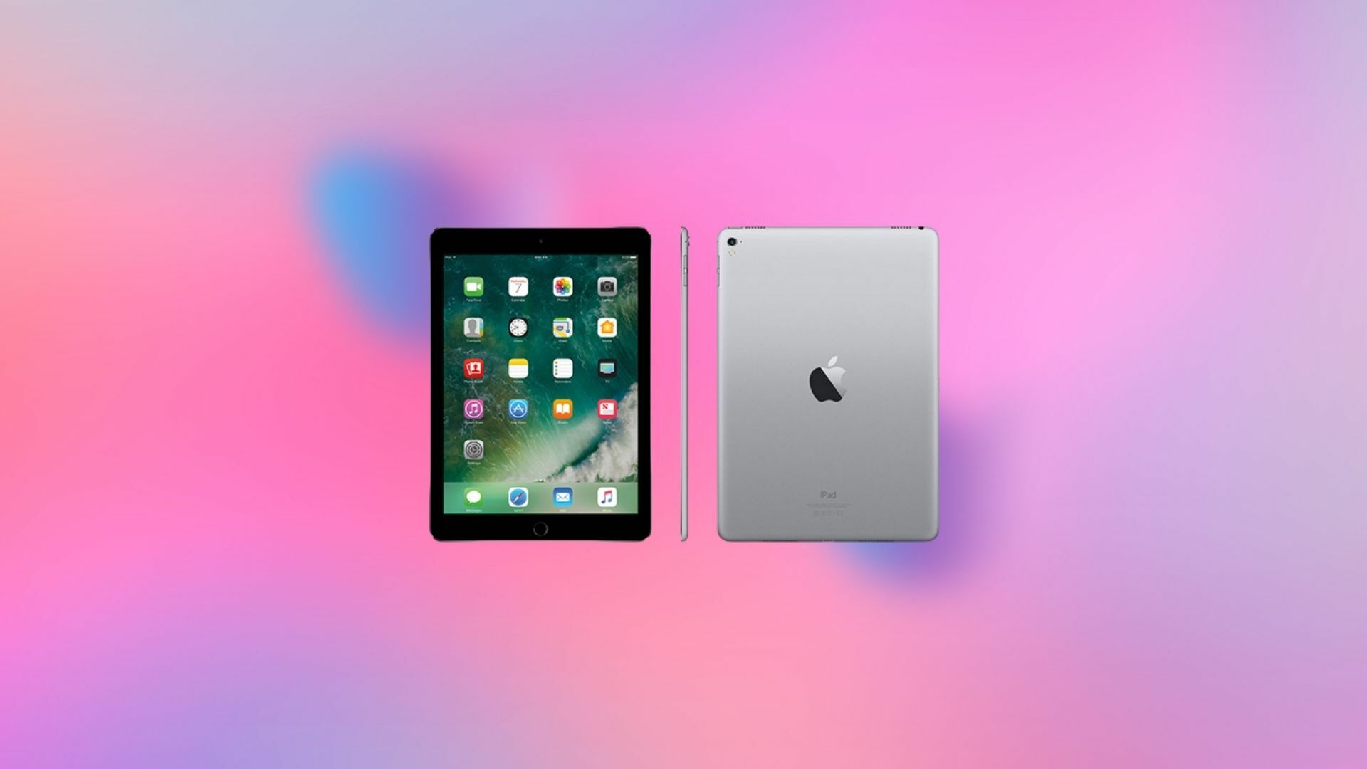Refurbished 9.7-inch Apple iPad Pro on a colorful background.