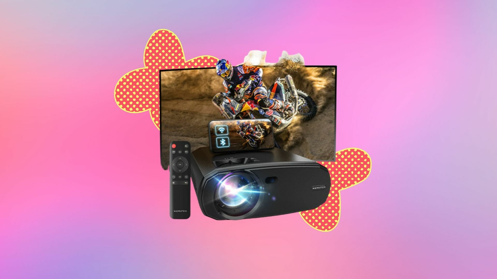 WeWatch V50 Portable Projector on a colorful background.