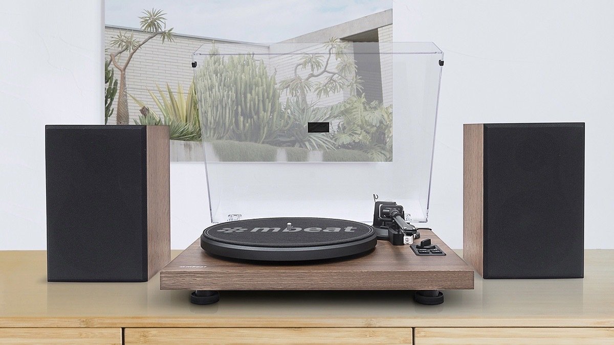 mbeat® Bluetooth Hi-Fi Turntable with Speakers on a table.
